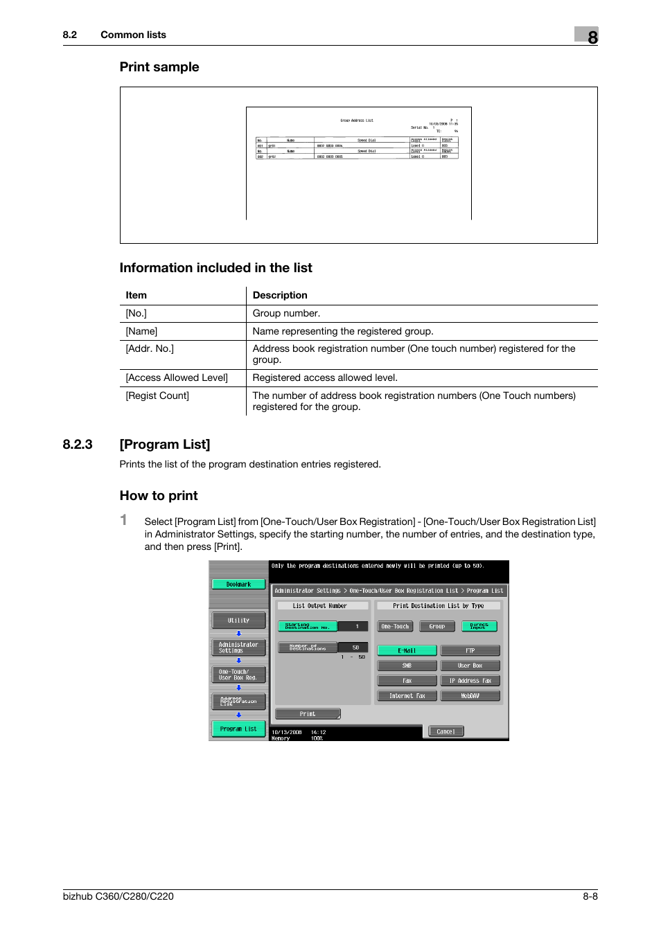 Print sample, Information included in the list, 3 [program list | How to print, Program list] -8 how to print -8 | Konica Minolta BIZHUB C360 User Manual | Page 153 / 299