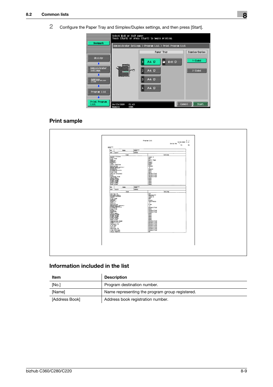 Print sample, Information included in the list | Konica Minolta BIZHUB C360 User Manual | Page 154 / 299