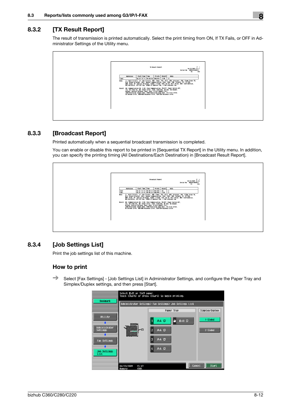 2 [tx result report, 3 [broadcast report, 4 [job settings list | How to print, Tx result report] -12, Broadcast report] -12, Job settings list] -12 how to print -12 | Konica Minolta BIZHUB C360 User Manual | Page 157 / 299