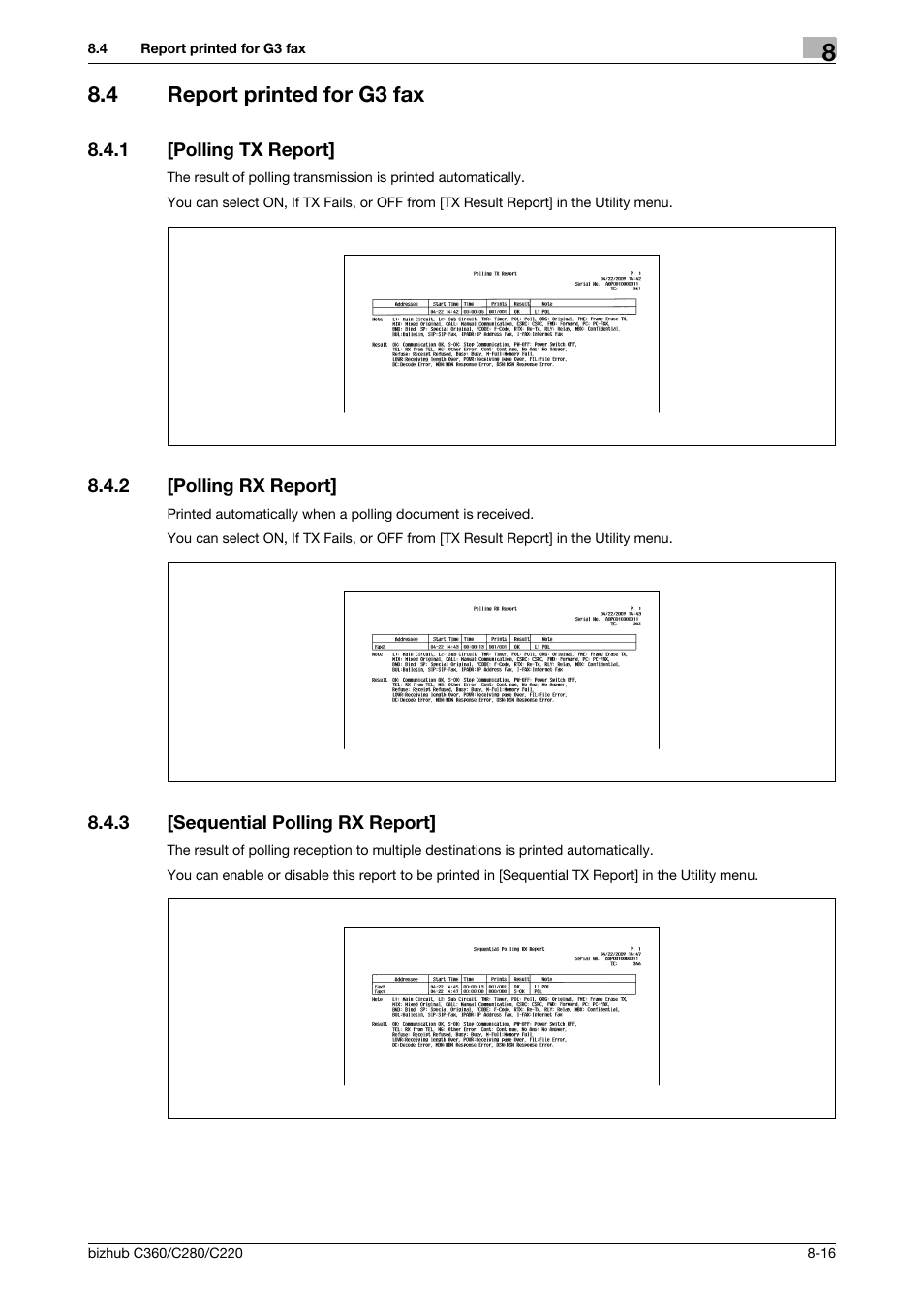 4 report printed for g3 fax, 1 [polling tx report, 2 [polling rx report | 3 [sequential polling rx report, Report printed for g3 fax -16, Polling tx report] -16, Polling rx report] -16, Sequential polling rx report] -16 | Konica Minolta BIZHUB C360 User Manual | Page 161 / 299