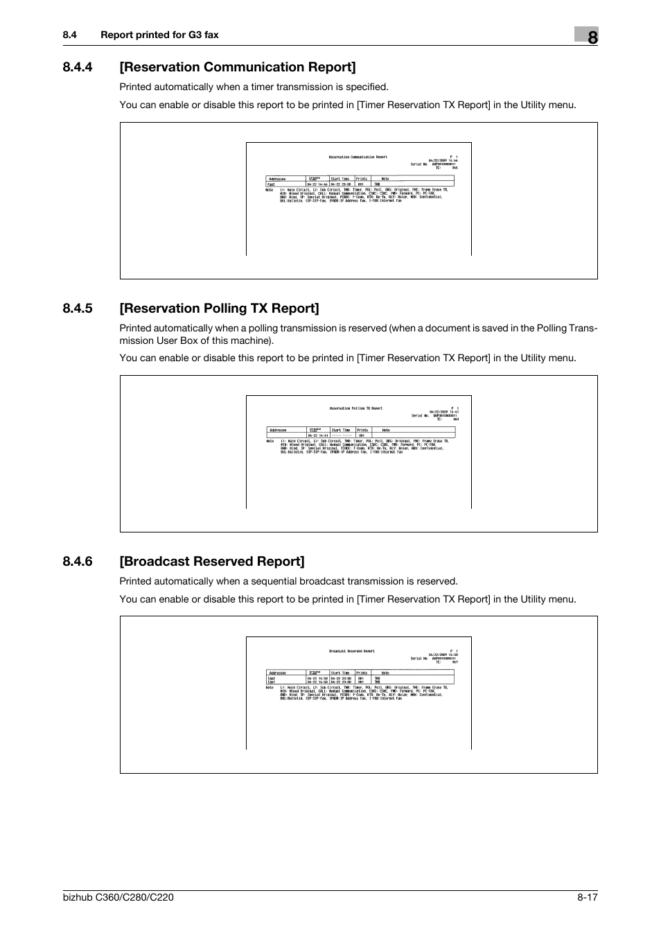 4 [reservation communication report, 5 [reservation polling tx report, 6 [broadcast reserved report | Reservation communication report] -17, Reservation polling tx report] -17, Broadcast reserved report] -17 | Konica Minolta BIZHUB C360 User Manual | Page 162 / 299