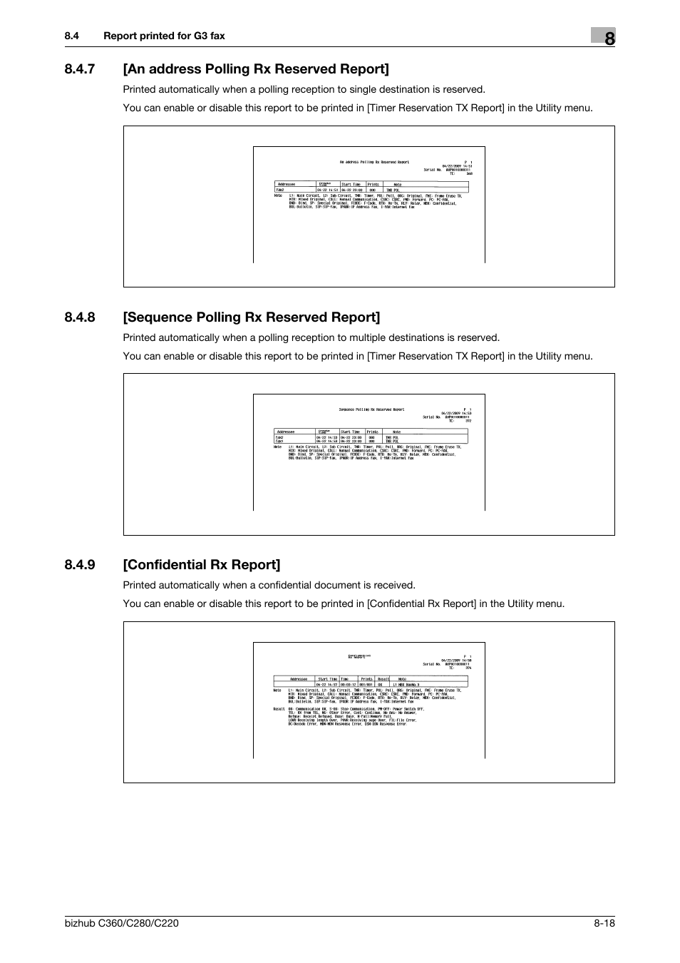 7 [an address polling rx reserved report, 8 [sequence polling rx reserved report, 9 [confidential rx report | An address polling rx reserved report] -18, Sequence polling rx reserved report] -18, Confidential rx report] -18 | Konica Minolta BIZHUB C360 User Manual | Page 163 / 299