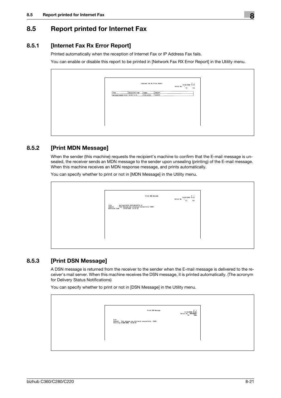 5 report printed for internet fax, 1 [internet fax rx error report, 2 [print mdn message | 3 [print dsn message, Report printed for internet fax -21, Internet fax rx error report] -21, Print mdn message] -21, Print dsn message] -21 | Konica Minolta BIZHUB C360 User Manual | Page 166 / 299