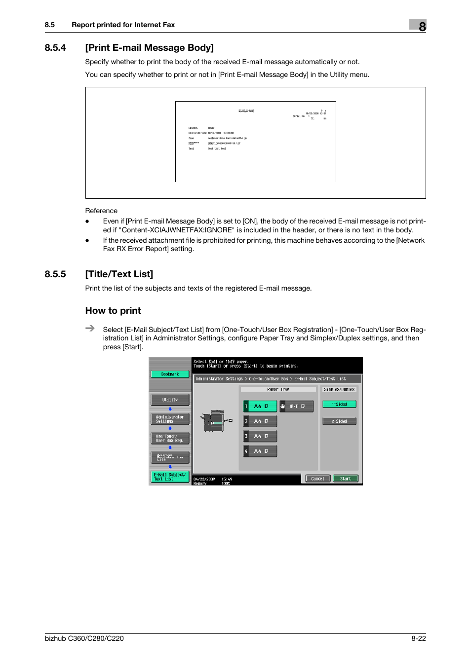 4 [print e-mail message body, 5 [title/text list, How to print | Print e-mail message body] -22, Title/text list] -22 how to print -22 | Konica Minolta BIZHUB C360 User Manual | Page 167 / 299