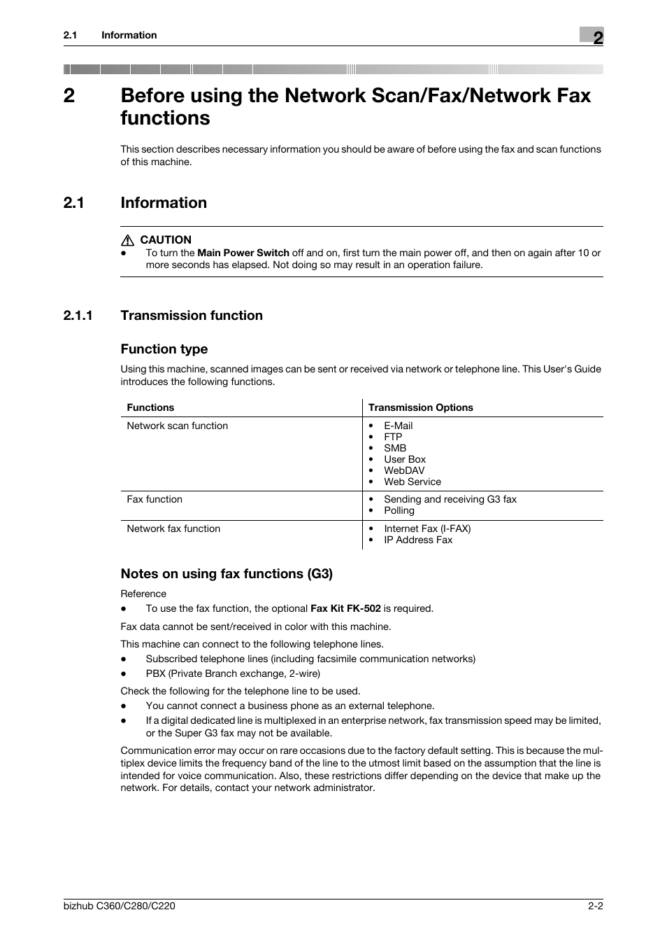 1 information, 1 transmission function, Function type | Notes on using fax functions (g3), Information -2, 1 transmission function function type | Konica Minolta BIZHUB C360 User Manual | Page 18 / 299