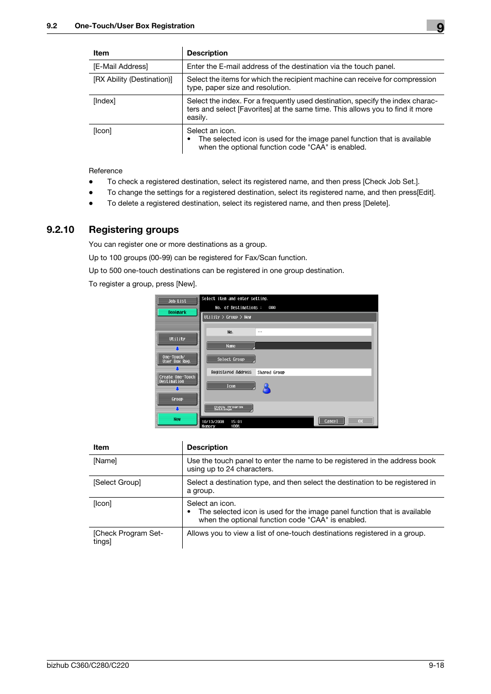 10 registering groups, Registering groups -18, Roup] (p. 9-18) | Konica Minolta BIZHUB C360 User Manual | Page 187 / 299