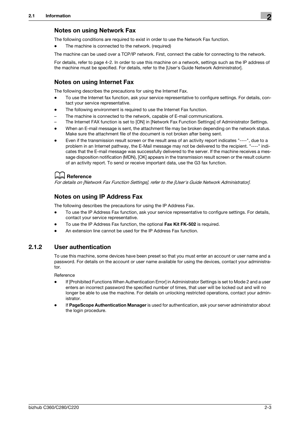 Notes on using network fax, Notes on using internet fax, Notes on using ip address fax | 2 user authentication, User authentication -3 | Konica Minolta BIZHUB C360 User Manual | Page 19 / 299