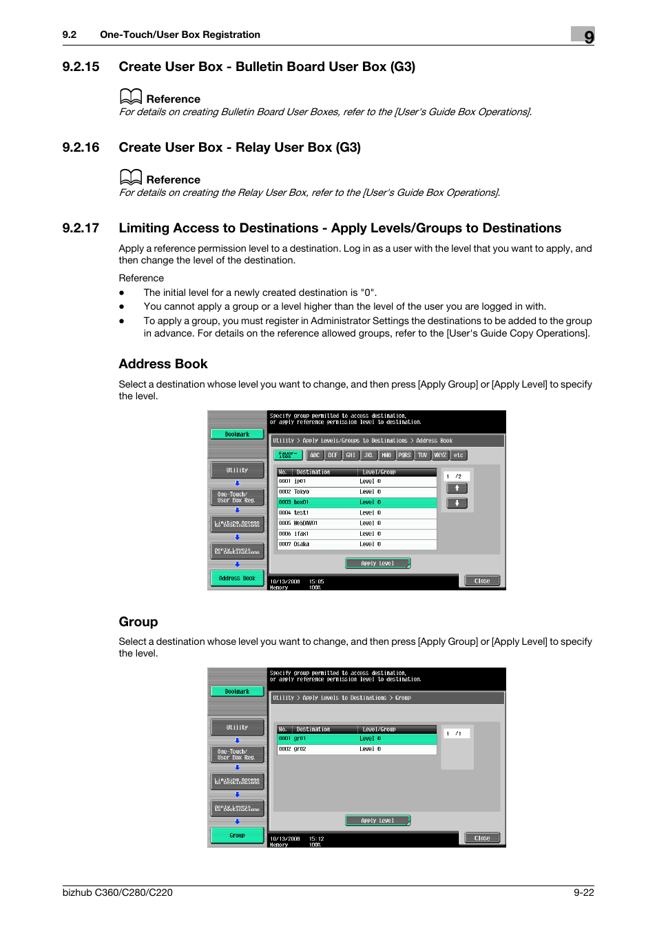 15 create user box - bulletin board user box (g3), 16 create user box - relay user box (g3), Address book | Group, Create user box - bulletin board user box (g3) -22, Create user box - relay user box (g3) -22, P. 9-22), Book] (p. 9-22) | Konica Minolta BIZHUB C360 User Manual | Page 191 / 299