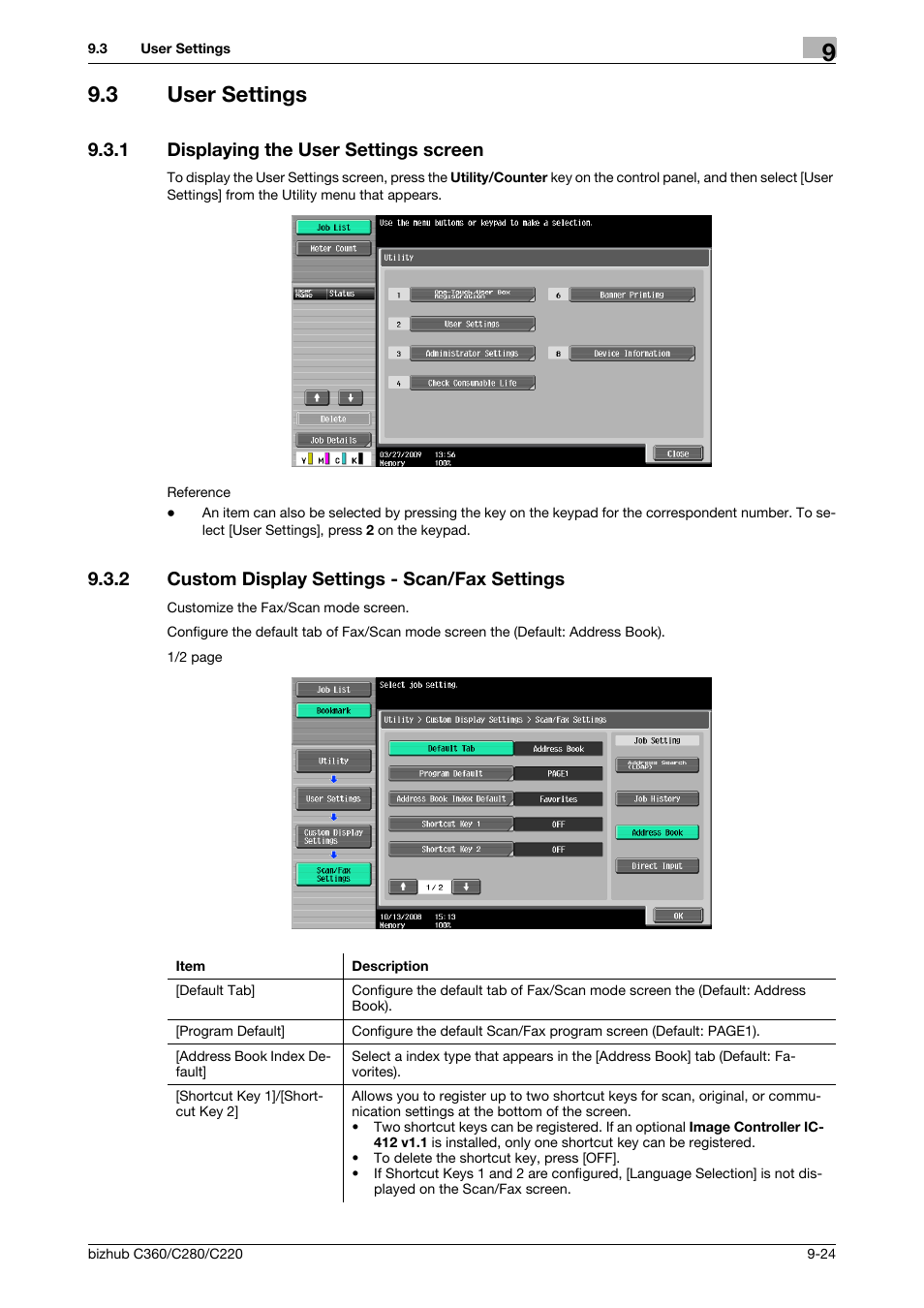 3 user settings, 1 displaying the user settings screen, 2 custom display settings - scan/fax settings | User settings -24, Displaying the user settings screen -24, Custom display settings - scan/fax settings -24, Tings] (p. 9-24) | Konica Minolta BIZHUB C360 User Manual | Page 193 / 299