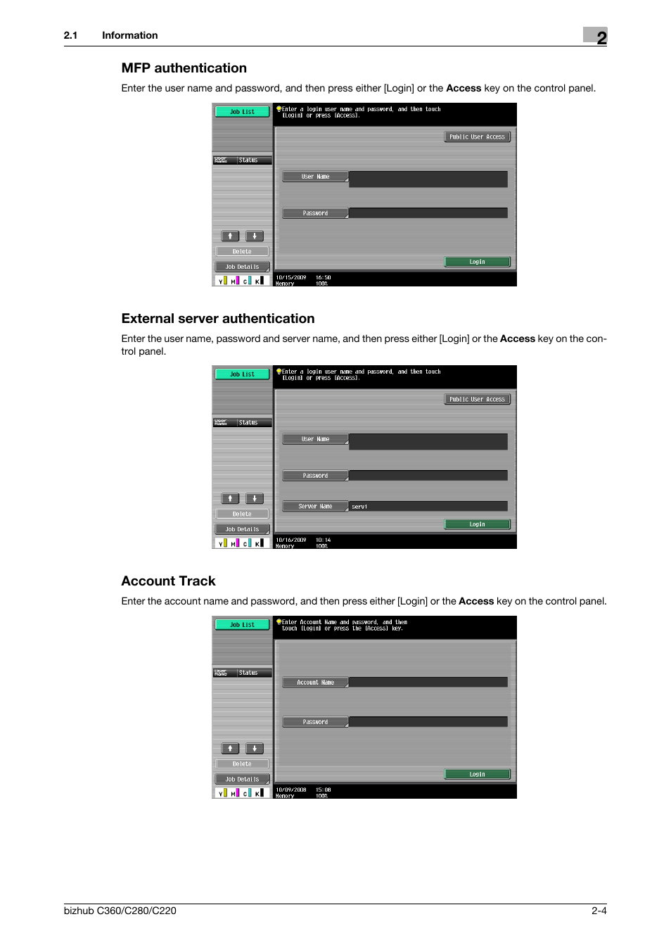 Mfp authentication, External server authentication, Account track | Konica Minolta BIZHUB C360 User Manual | Page 20 / 299