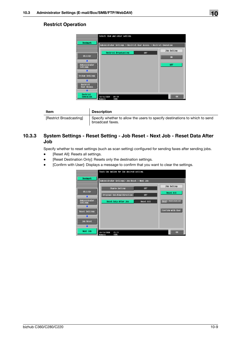 Restrict operation, Restrict operation -9, Tion] (p. 10-9) | P. 10-9 | Konica Minolta BIZHUB C360 User Manual | Page 205 / 299