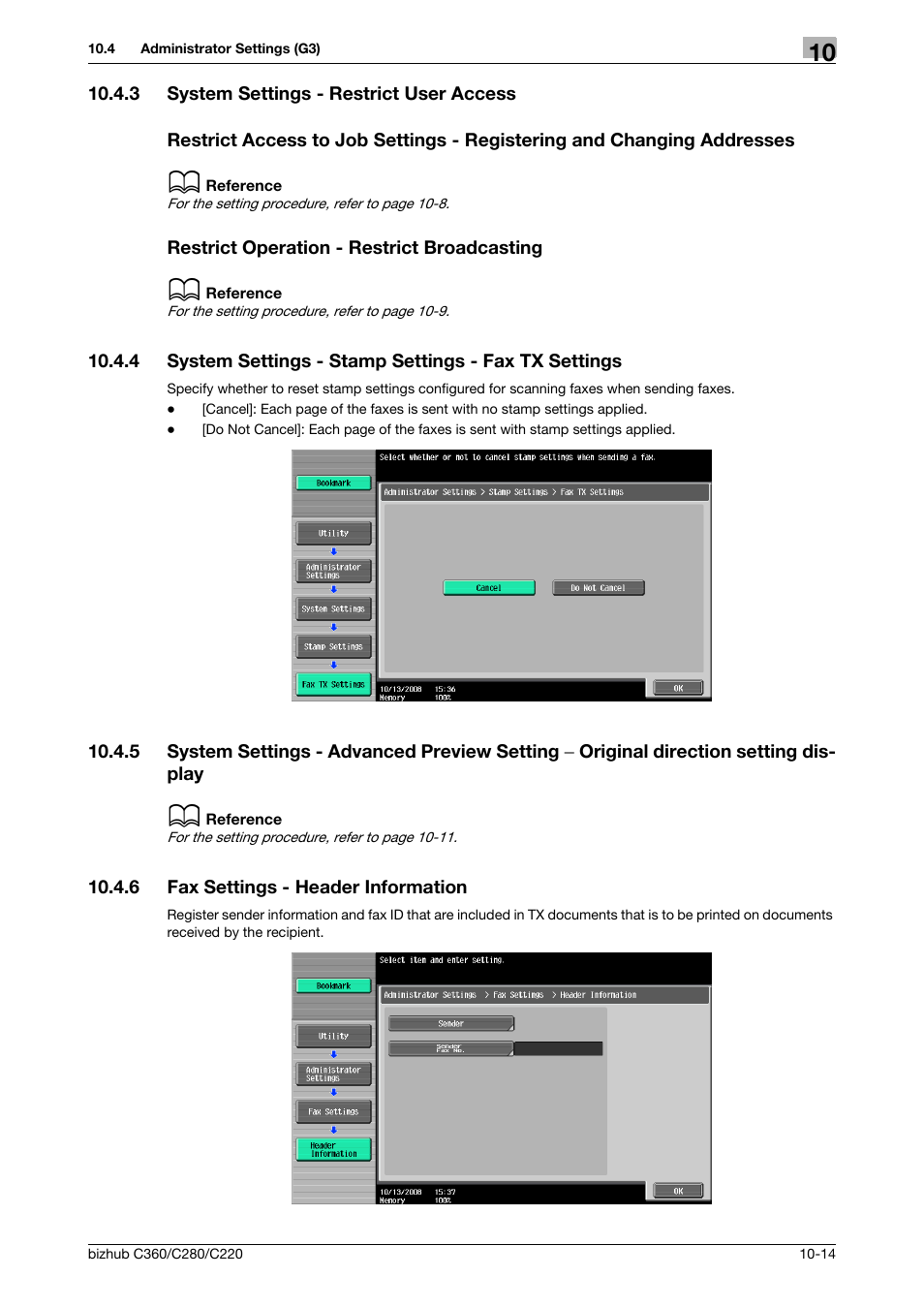 3 system settings - restrict user access, Restrict operation - restrict broadcasting, 6 fax settings - header information | System settings - advanced preview setting, Original direction setting display -14, Fax settings - header information -14, S] (p. 10-14), Mation] (p. 10-14) | Konica Minolta BIZHUB C360 User Manual | Page 210 / 299