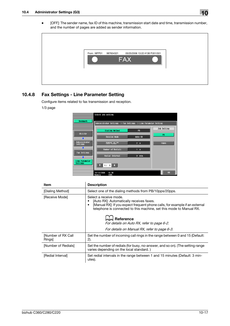 8 fax settings - line parameter setting, Fax settings - line parameter setting -17, P. 10-17 | Konica Minolta BIZHUB C360 User Manual | Page 213 / 299