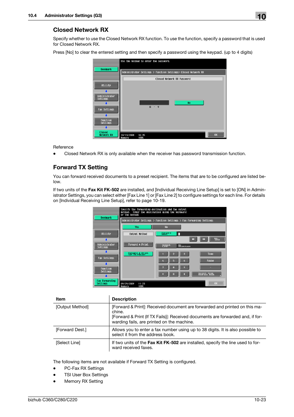 Closed network rx, Forward tx setting, Closed network rx -23 forward tx setting -23 | Losed network rx] (p. 10-23), Ing] (p. 10-23 | Konica Minolta BIZHUB C360 User Manual | Page 219 / 299