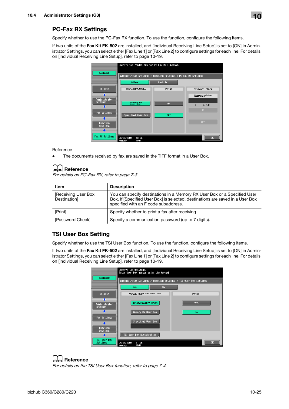 Pc-fax rx settings, Tsi user box setting, Pc-fax rx settings -25 tsi user box setting -25 | Ting] (p. 10-25), Ing] (p. 10-25 | Konica Minolta BIZHUB C360 User Manual | Page 221 / 299