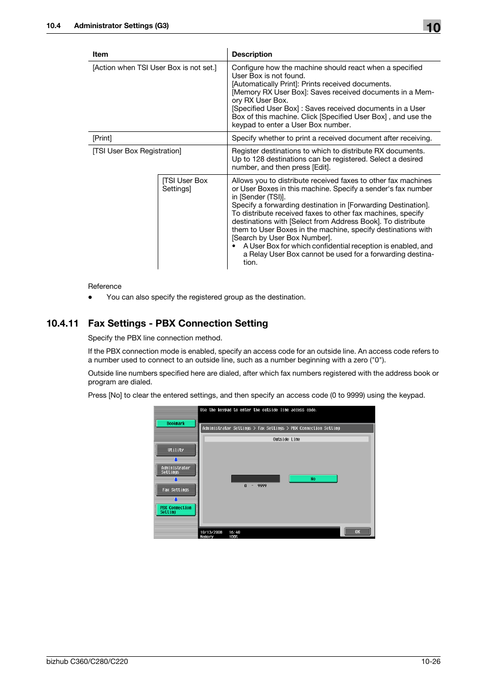 11 fax settings - pbx connection setting, Fax settings - pbx connection setting -26, Ing] (p. 10-26 | Konica Minolta BIZHUB C360 User Manual | Page 222 / 299