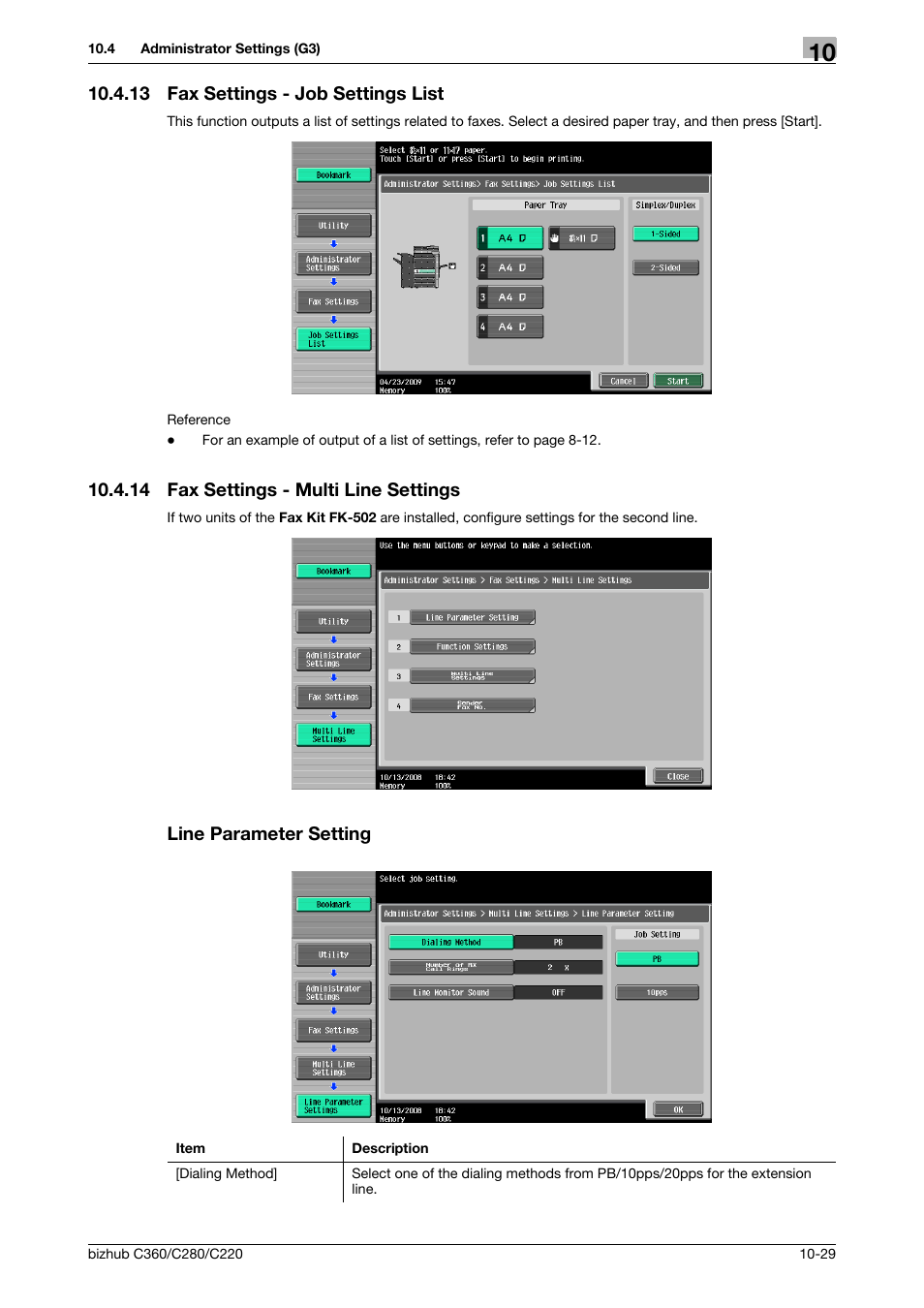 13 fax settings - job settings list, 14 fax settings - multi line settings, Line parameter setting | Fax settings - job settings list -29, St] (p. 10-29), Ngs] (p. 10-29), Ing] (p. 10-29 | Konica Minolta BIZHUB C360 User Manual | Page 225 / 299