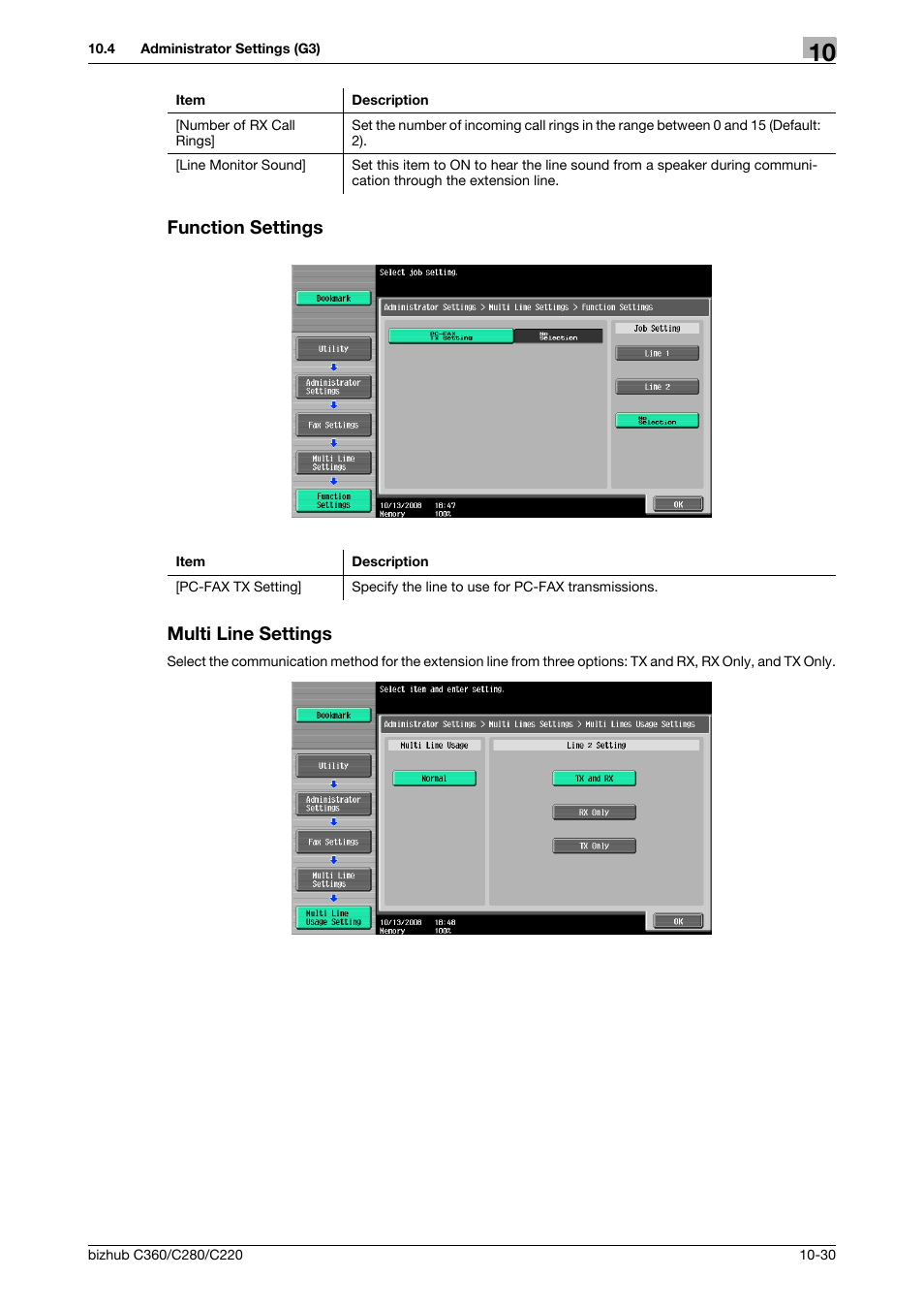 Function settings, Multi line settings, Function settings -30 multi line settings -30 | Tings] (p. 10-30), P. 10-30), Function settings multi line settings | Konica Minolta BIZHUB C360 User Manual | Page 226 / 299