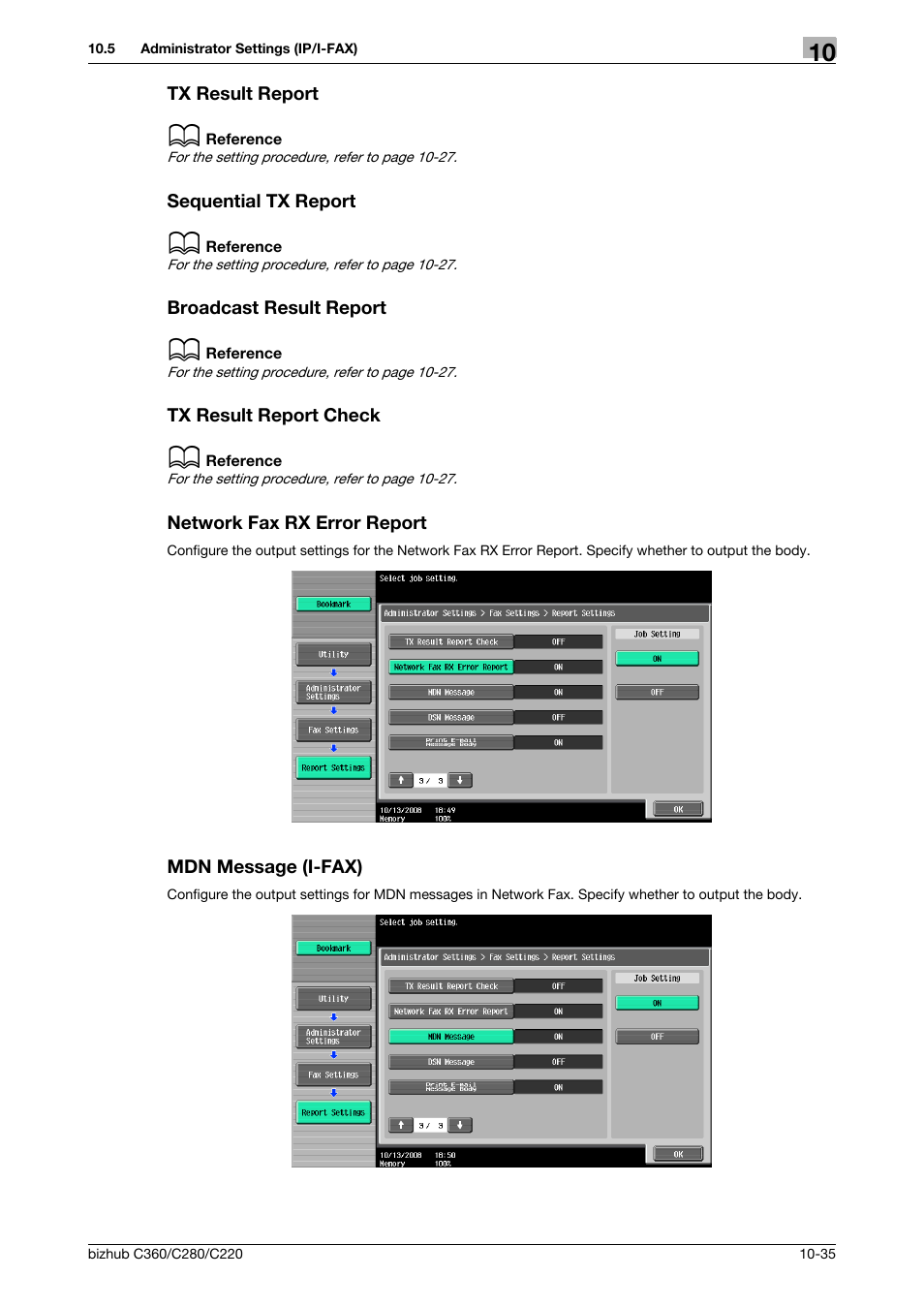 Tx result report, Sequential tx report, Broadcast result report | Tx result report check, Network fax rx error report, Mdn message (i-fax), P. 10-35), E] (p. 10-35) | Konica Minolta BIZHUB C360 User Manual | Page 231 / 299