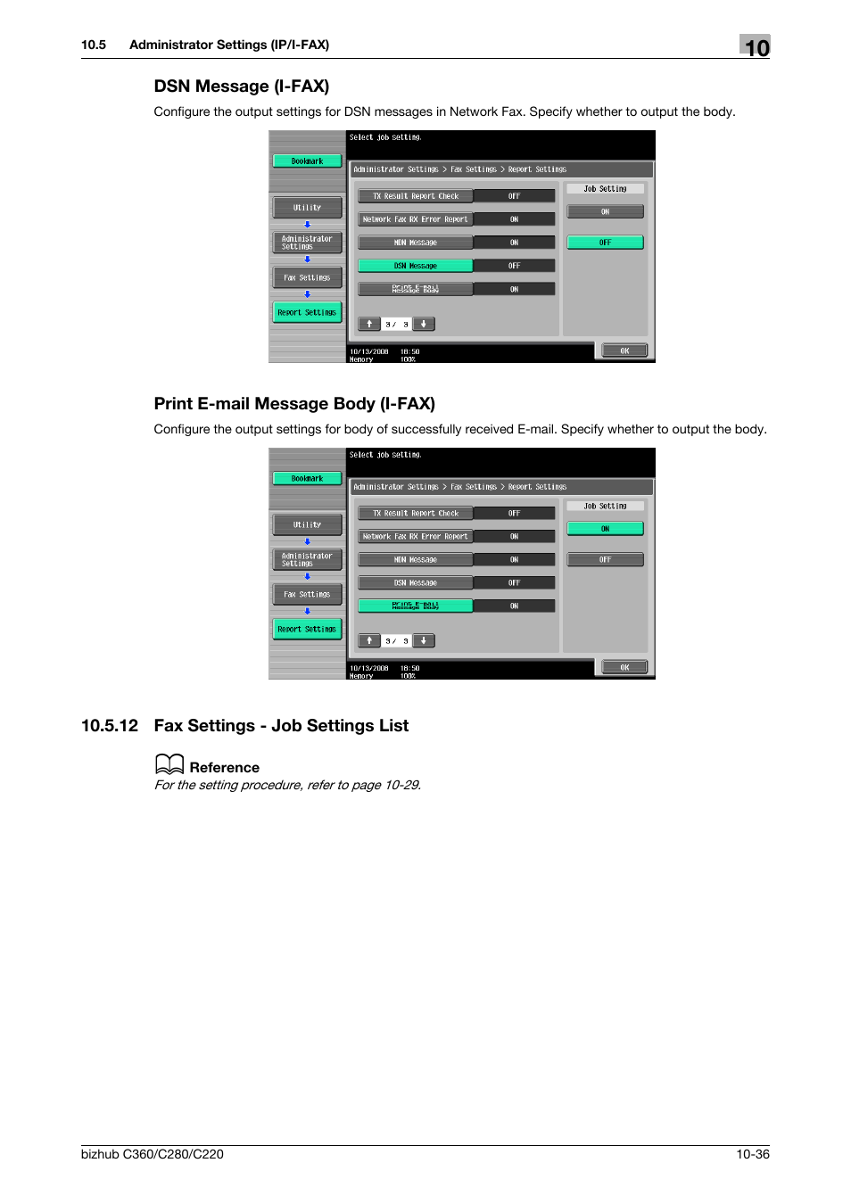 Dsn message (i-fax), Print e-mail message body (i-fax), 12 fax settings - job settings list | Fax settings - job settings list -36, Dsn message] (p. 10-36), Ge body] (p. 10-36) | Konica Minolta BIZHUB C360 User Manual | Page 232 / 299