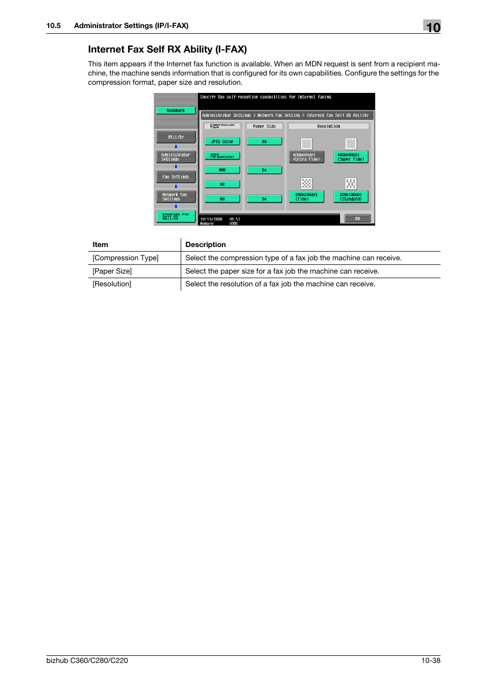 Internet fax self rx ability (i-fax), Internet fax self rx ability (i-fax) -38, Y] (p. 10-38) | Konica Minolta BIZHUB C360 User Manual | Page 234 / 299