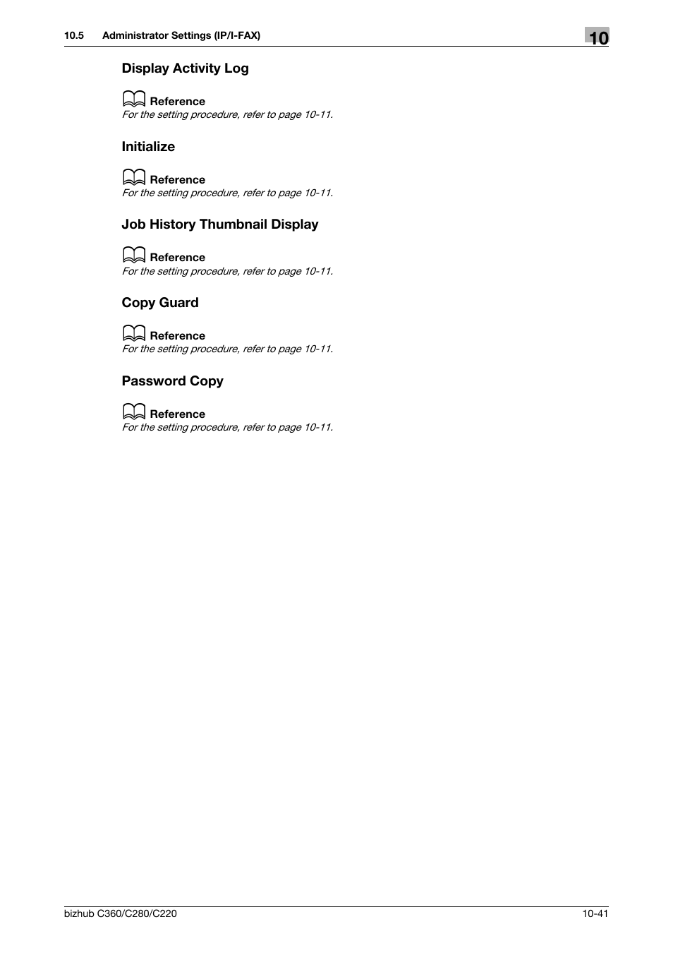 Display activity log, Initialize, Job history thumbnail display | Copy guard, Password copy | Konica Minolta BIZHUB C360 User Manual | Page 237 / 299