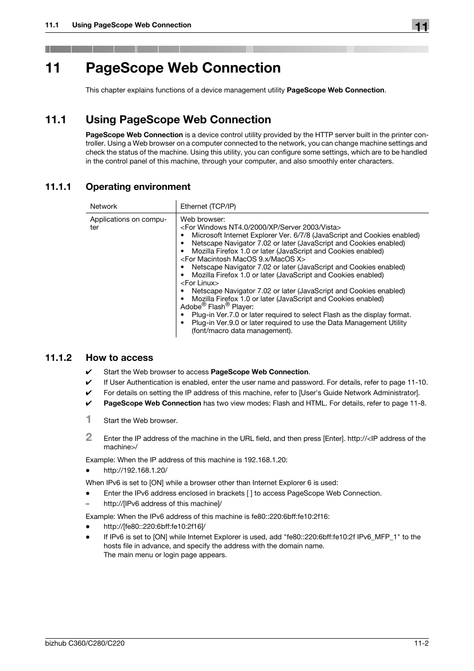 1 operating environment, 2 how to access, Operating environment -2 | How to access -2, 11 pagescope web connection, 1 using pagescope web connection | Konica Minolta BIZHUB C360 User Manual | Page 239 / 299