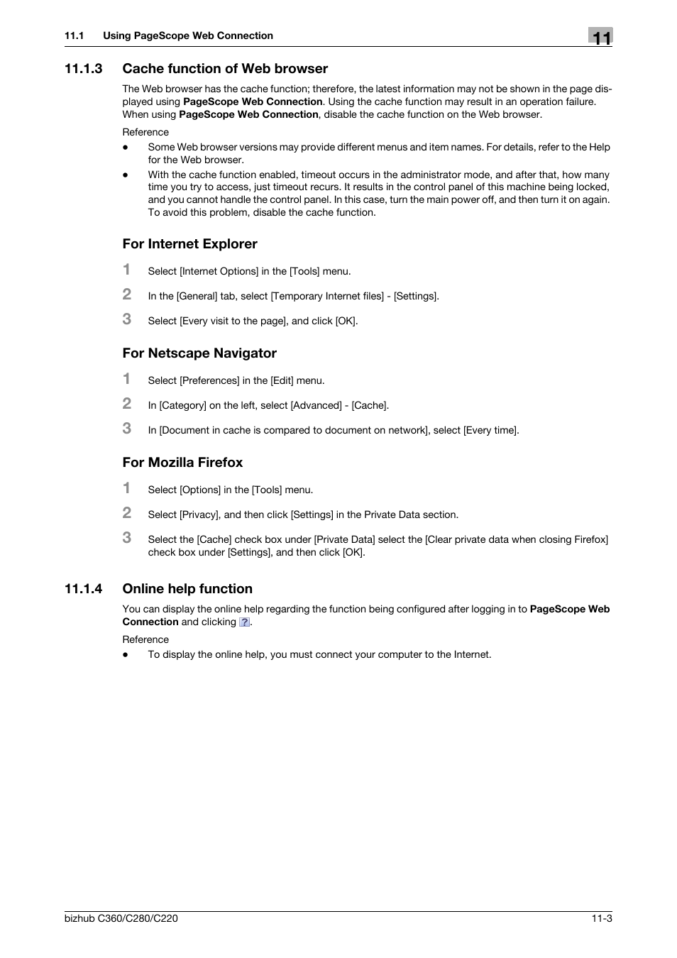 3 cache function of web browser, For internet explorer, For netscape navigator | For mozilla firefox, 4 online help function, Online help function -3 | Konica Minolta BIZHUB C360 User Manual | Page 240 / 299