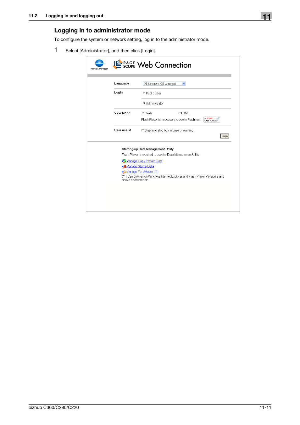 Logging in to administrator mode, Logging in to administrator mode -11 | Konica Minolta BIZHUB C360 User Manual | Page 248 / 299