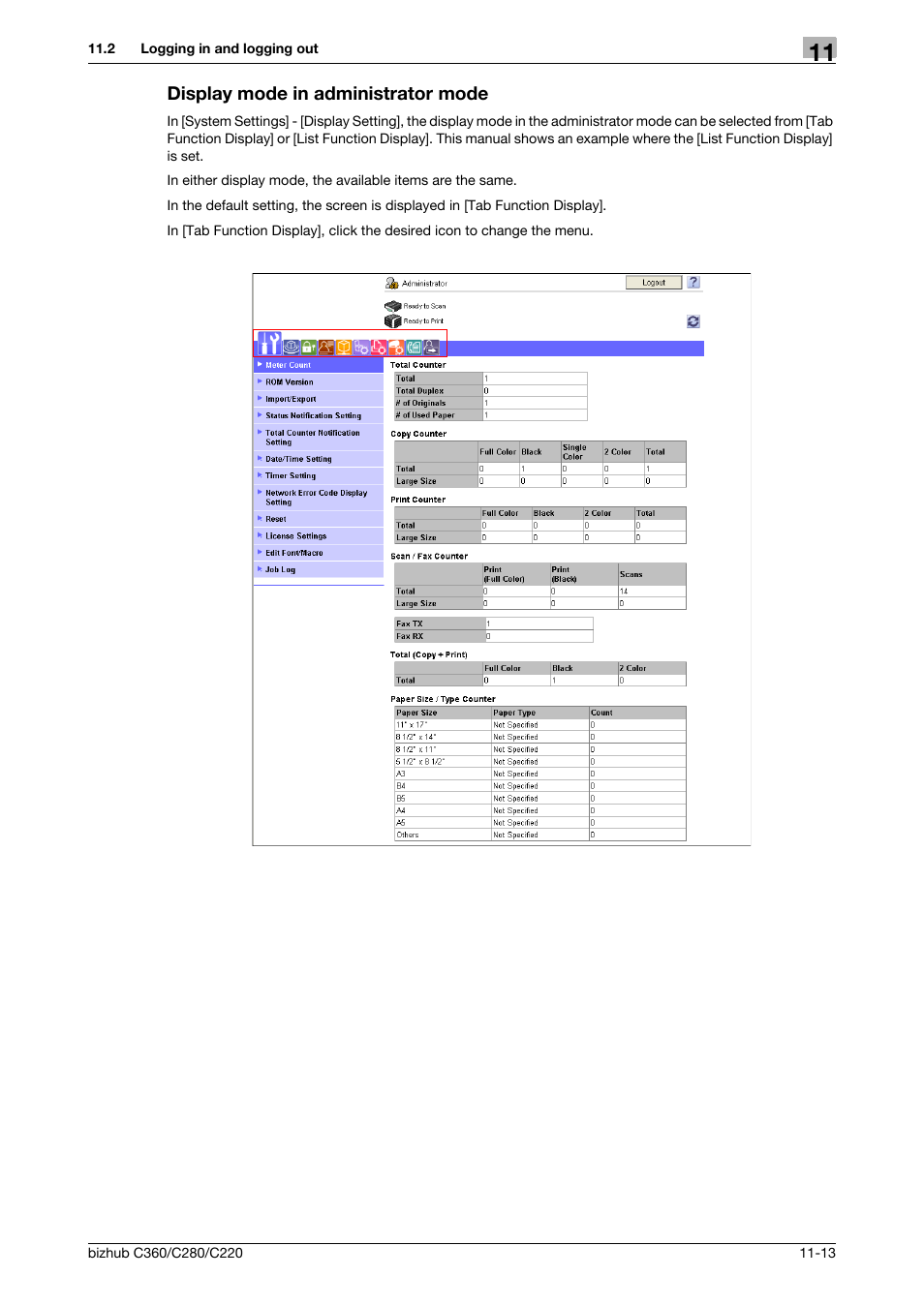 Display mode in administrator mode, Display mode in administrator mode -13 | Konica Minolta BIZHUB C360 User Manual | Page 250 / 299