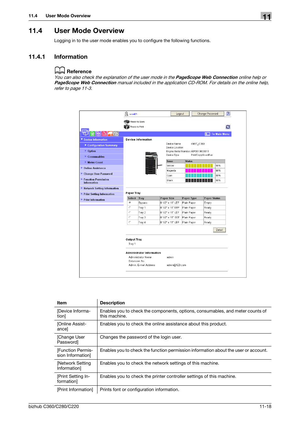 4 user mode overview, 1 information, User mode overview -18 | Information -18 | Konica Minolta BIZHUB C360 User Manual | Page 255 / 299