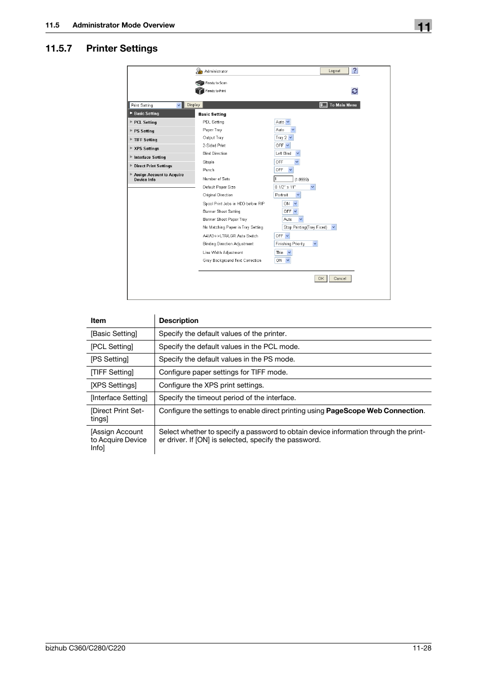 7 printer settings, Printer settings -28 | Konica Minolta BIZHUB C360 User Manual | Page 265 / 299