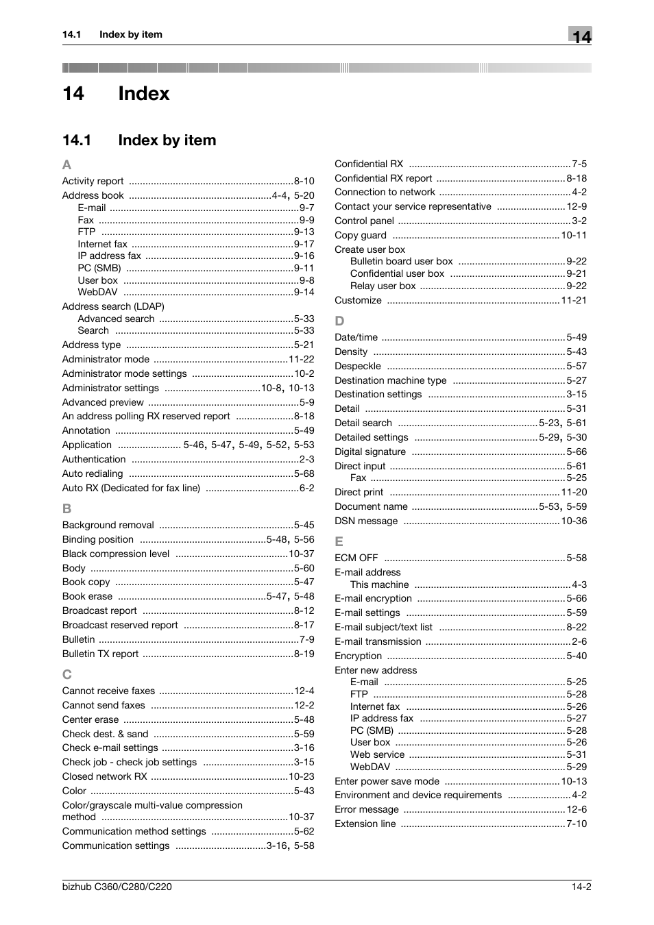 14 index, 1 index by item, A to e | Index, Index by item -2 | Konica Minolta BIZHUB C360 User Manual | Page 292 / 299