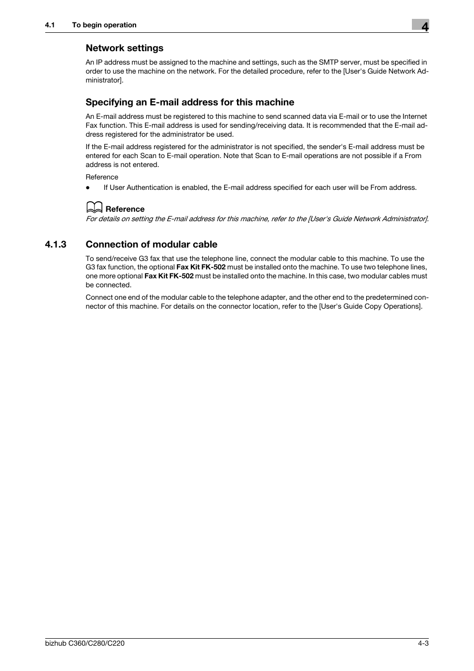 Network settings, Specifying an e-mail address for this machine, 3 connection of modular cable | Connection of modular cable -3 | Konica Minolta BIZHUB C360 User Manual | Page 47 / 299