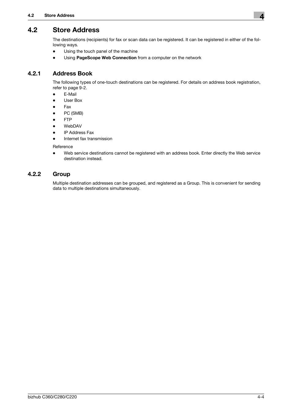 2 store address, 1 address book, 2 group | Store address -4, Address book -4, Group -4 | Konica Minolta BIZHUB C360 User Manual | Page 48 / 299