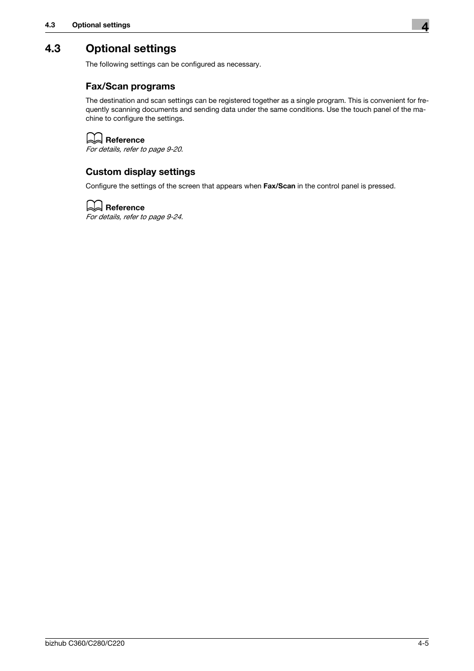 3 optional settings, Fax/scan programs, Custom display settings | Konica Minolta BIZHUB C360 User Manual | Page 49 / 299