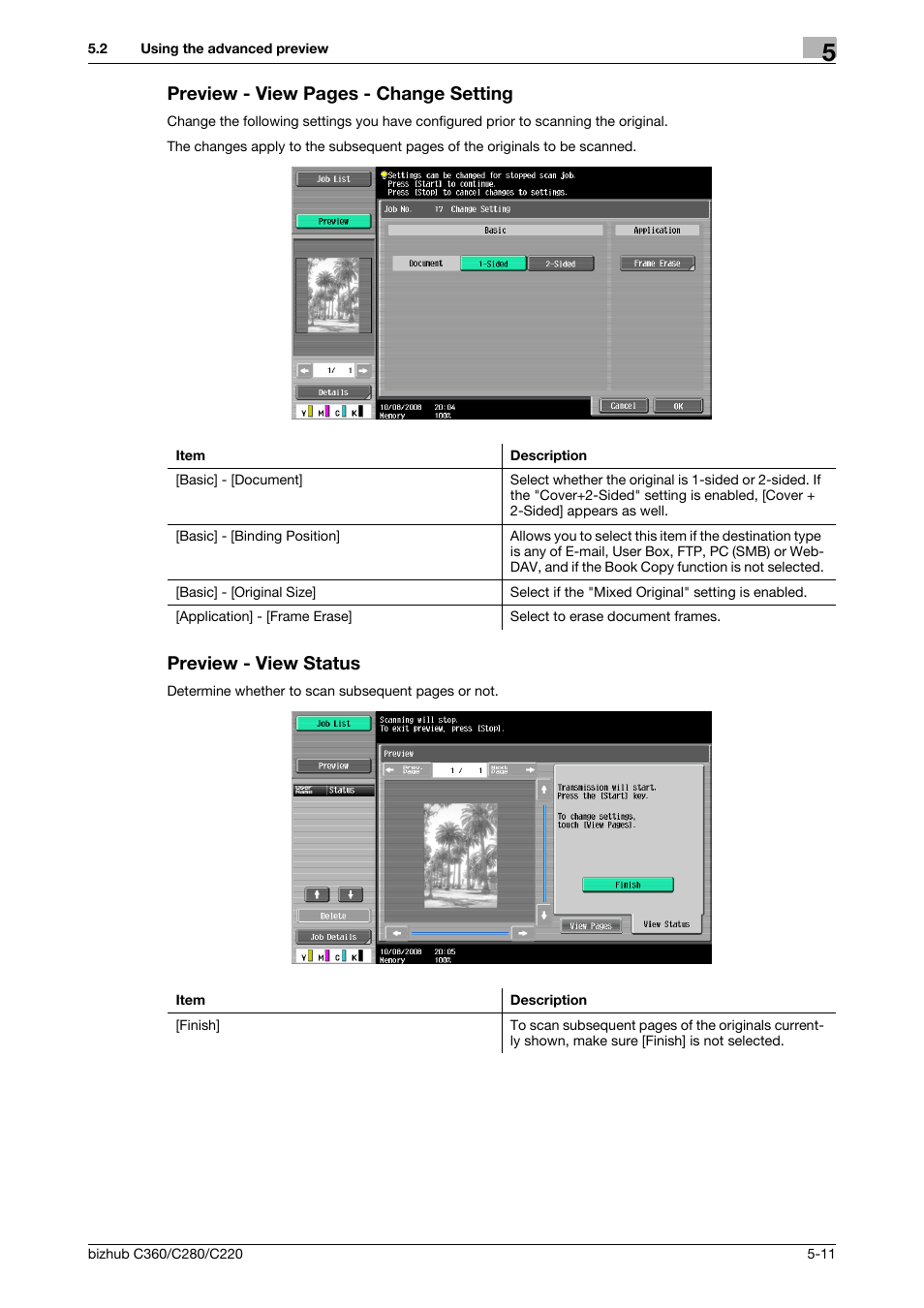 Preview - view status, Preview - view pages - change setting | Konica Minolta BIZHUB C360 User Manual | Page 62 / 299