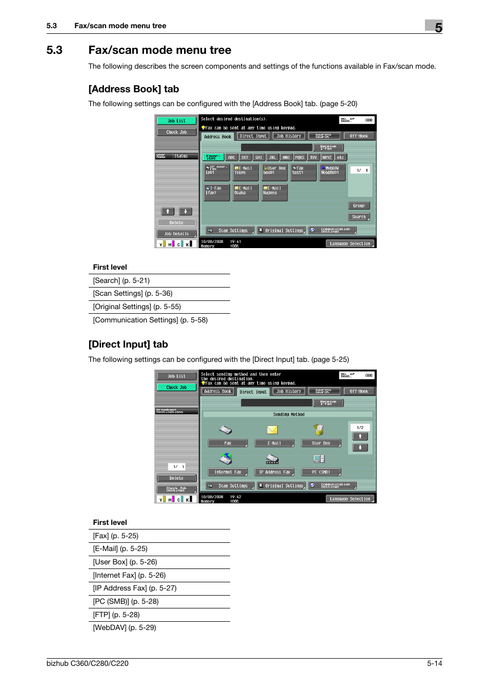 3 fax/scan mode menu tree, Address book] tab, Direct input] tab | Konica Minolta BIZHUB C360 User Manual | Page 65 / 299