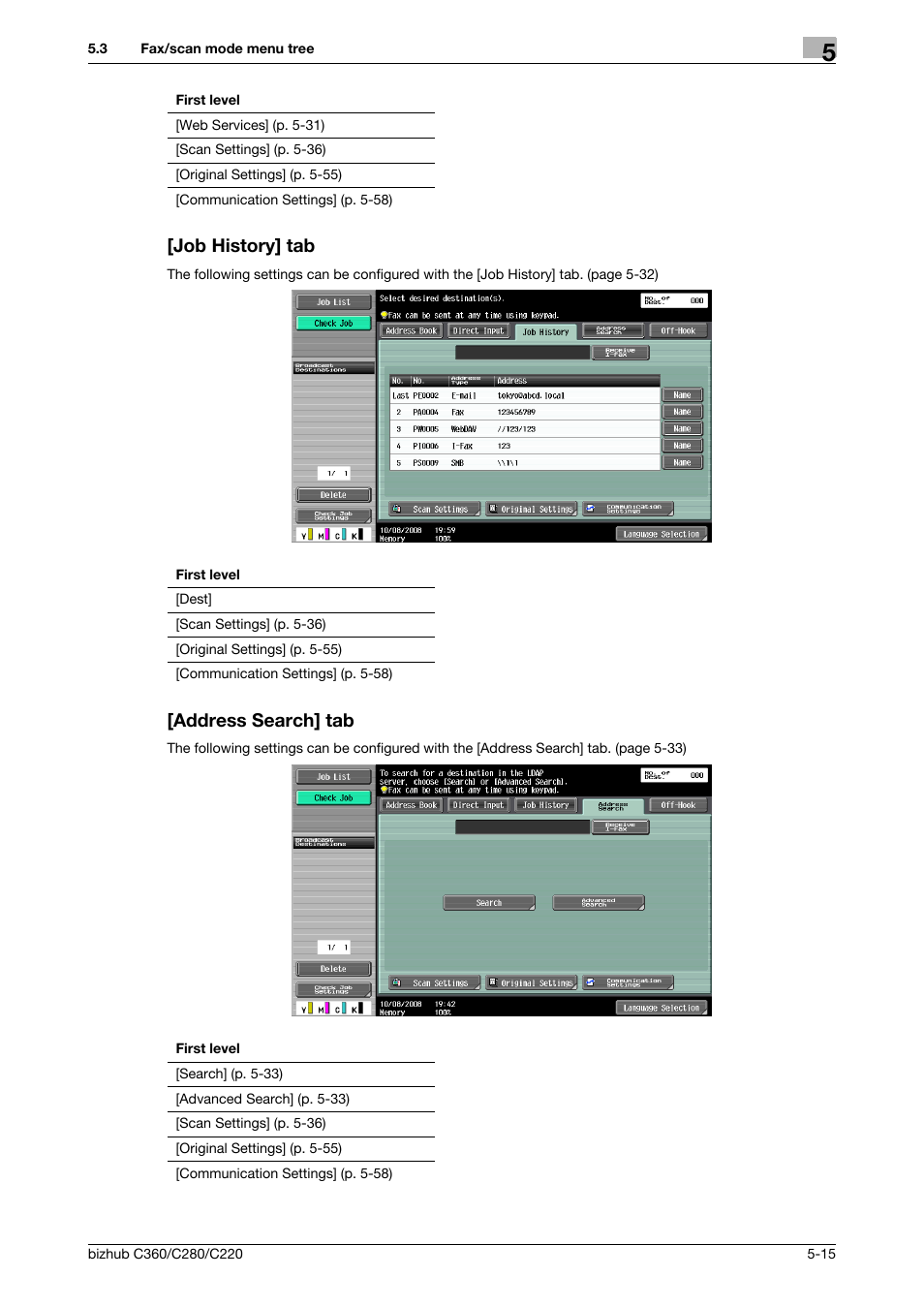 Job history] tab, Address search] tab, Job history] tab -15 [address search] tab -15 | Konica Minolta BIZHUB C360 User Manual | Page 66 / 299