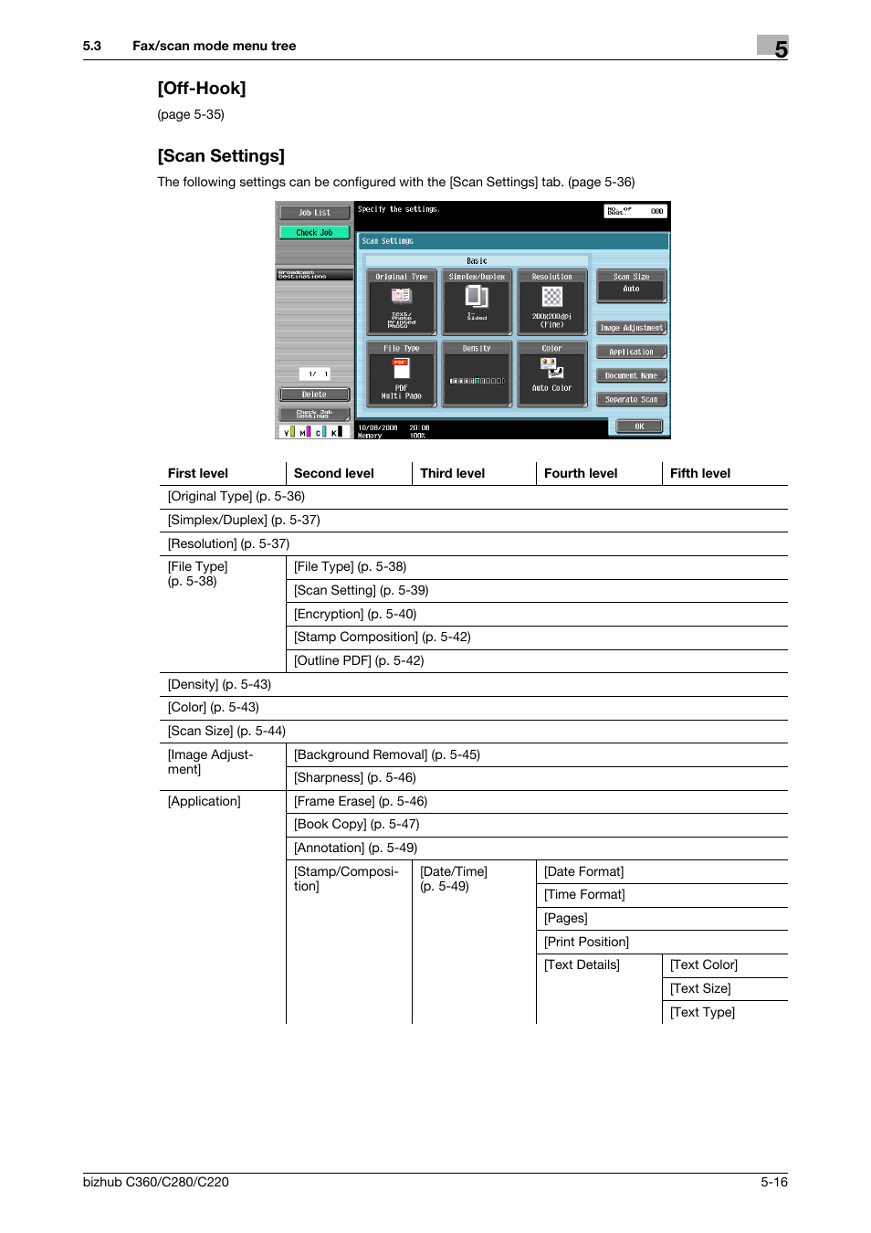 Off-hook, Scan settings, Off-hook] -16 [scan settings] -16 | Konica Minolta BIZHUB C360 User Manual | Page 67 / 299