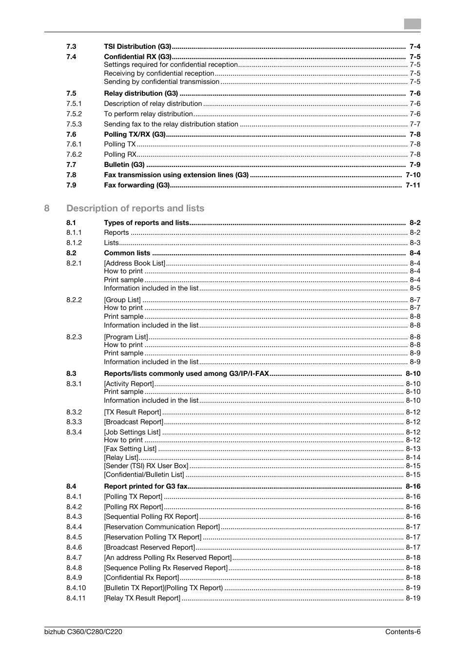 8description of reports and lists | Konica Minolta BIZHUB C360 User Manual | Page 7 / 299