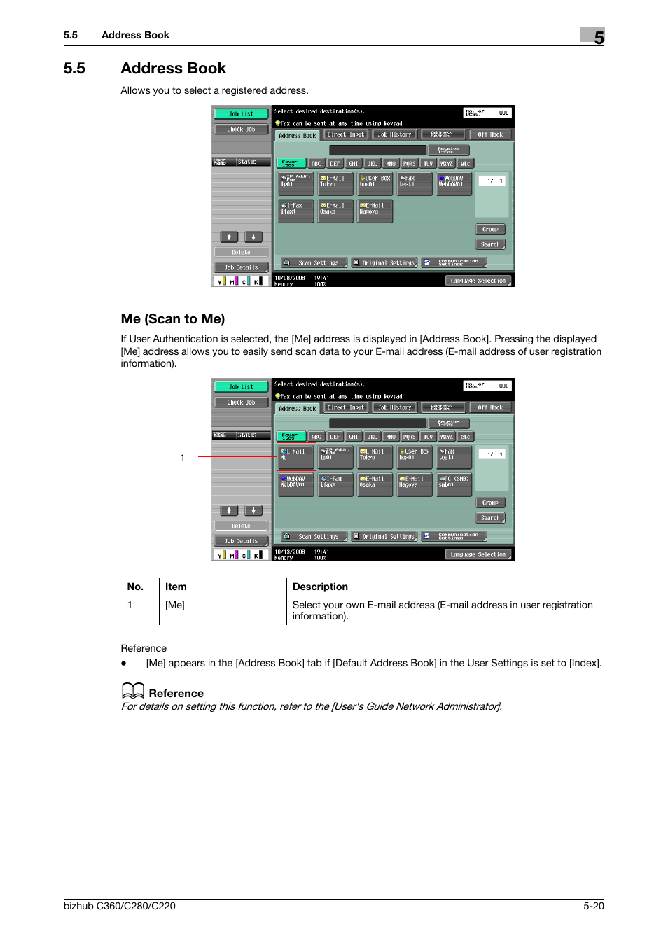 5 address book, Me (scan to me), Address book -20 me (scan to me) -20 | Ook (p. 5-20), P. 5-20 | Konica Minolta BIZHUB C360 User Manual | Page 71 / 299