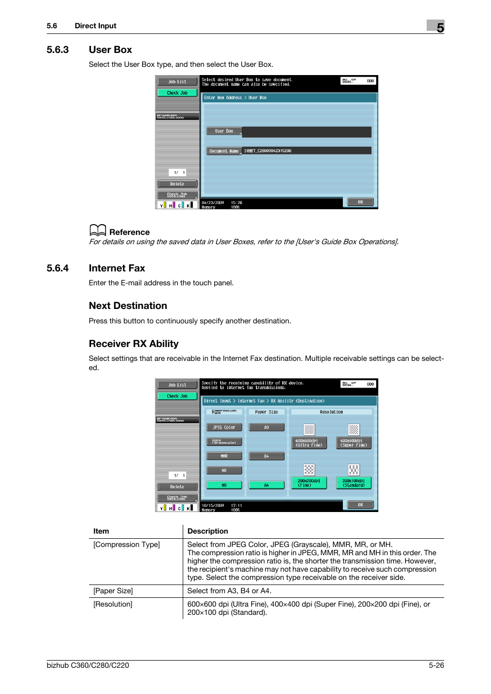 3 user box, 4 internet fax, Next destination | Receiver rx ability, User box -26, P. 5-26) | Konica Minolta BIZHUB C360 User Manual | Page 77 / 299