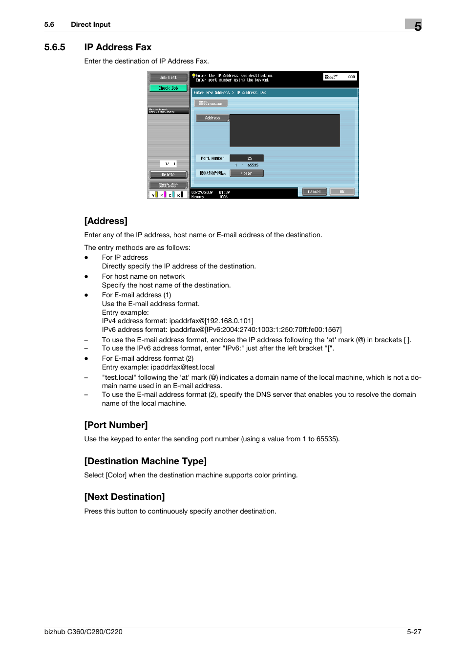 5 ip address fax, Address, Port number | Destination machine type, Next destination, Fax] (p. 5-27) | Konica Minolta BIZHUB C360 User Manual | Page 78 / 299