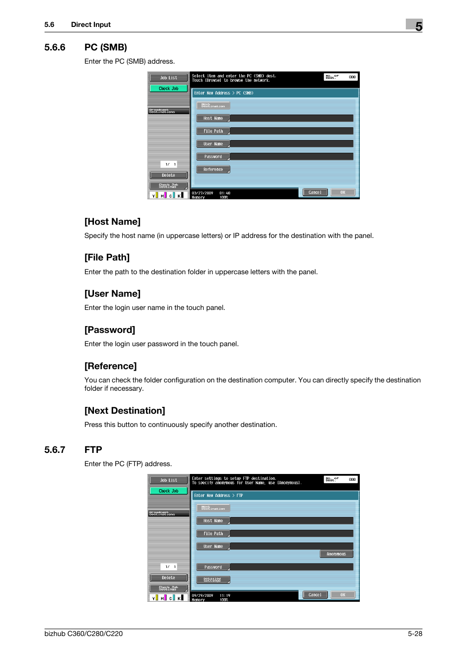 6 pc (smb), Host name, File path | User name, Password, Reference, Next destination, 7 ftp, Ftp -28, P. 5-28) | Konica Minolta BIZHUB C360 User Manual | Page 79 / 299