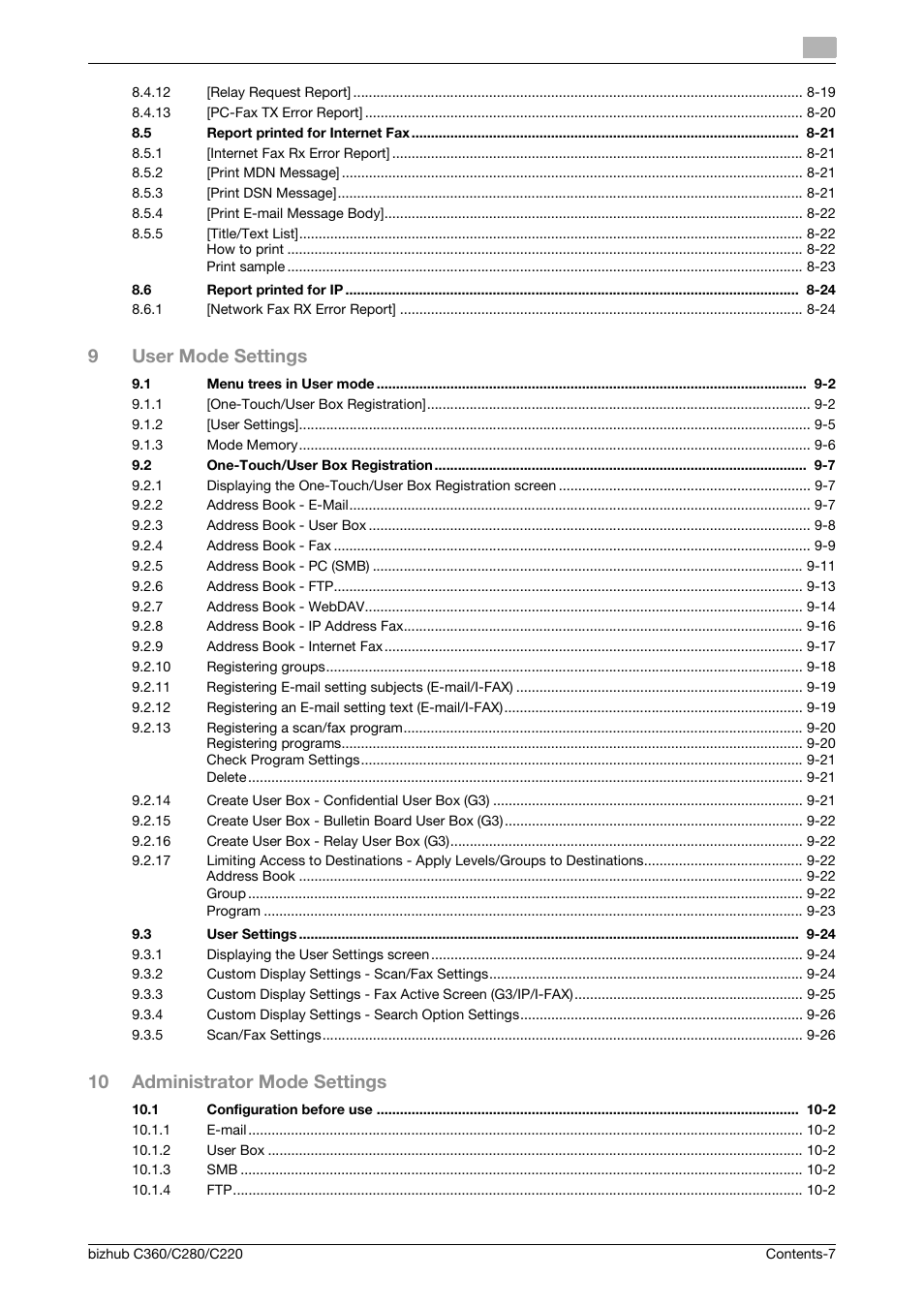 9user mode settings, 10 administrator mode settings | Konica Minolta BIZHUB C360 User Manual | Page 8 / 299