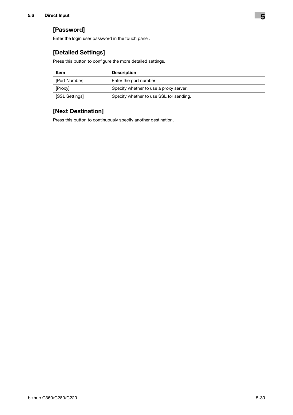 Password, Detailed settings, Next destination | Konica Minolta BIZHUB C360 User Manual | Page 81 / 299