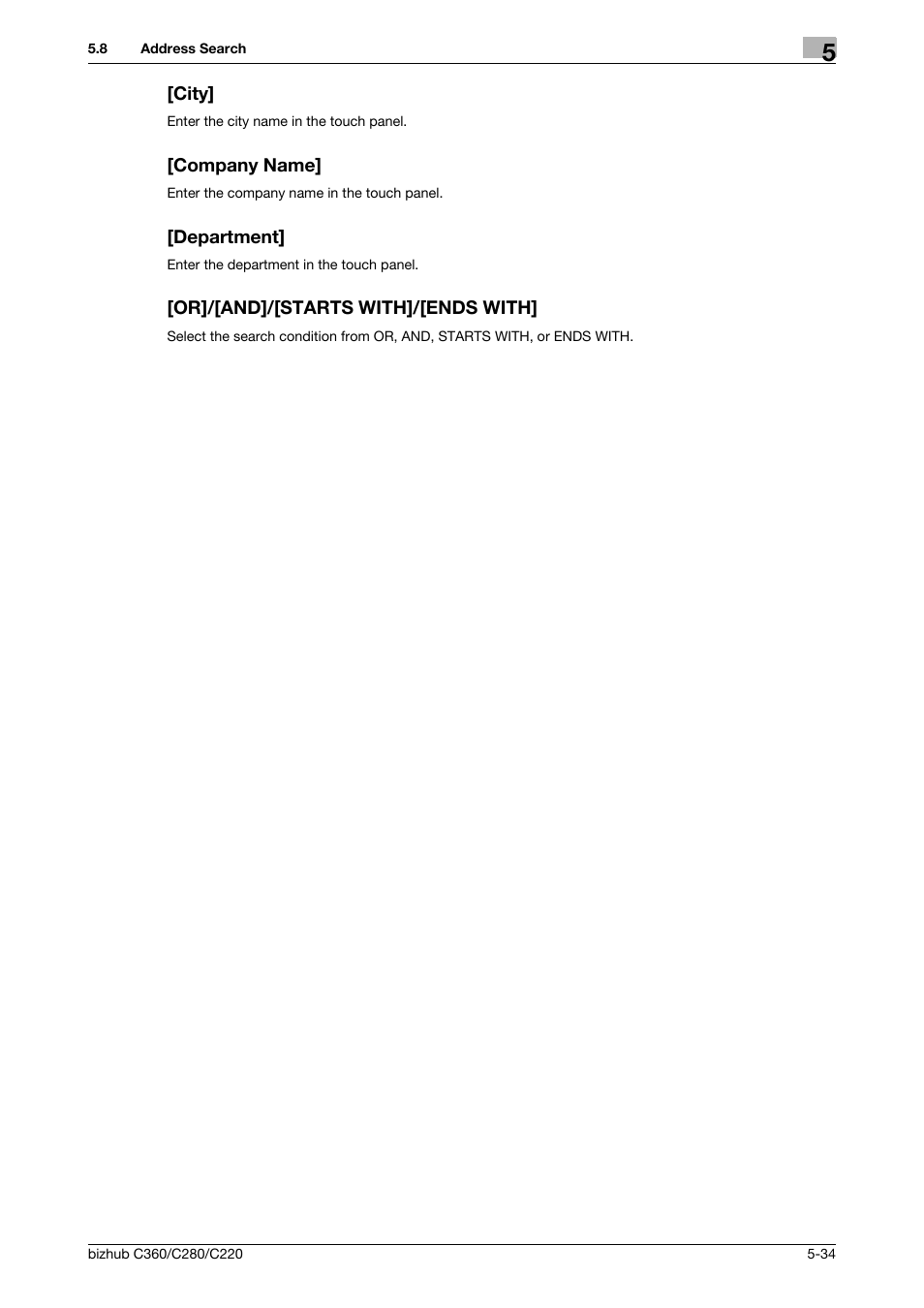 City, Company name, Department | Or]/[and]/[starts with]/[ends with | Konica Minolta BIZHUB C360 User Manual | Page 85 / 299