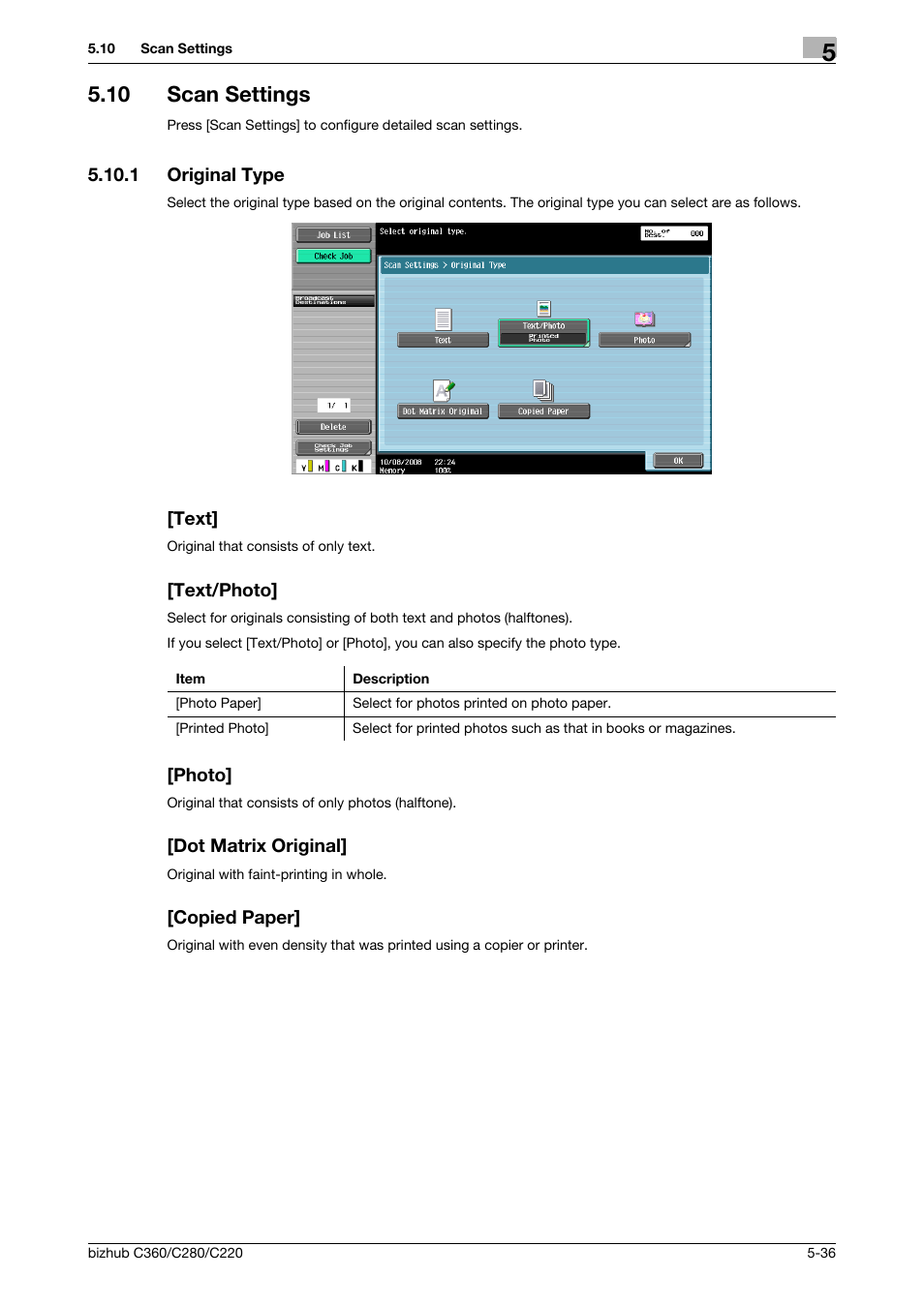 10 scan settings, 1 original type, Text | Text/photo, Photo, Dot matrix original, Copied paper, Scan settings -36, S (p. 5-36), origi, P. 5-36) | Konica Minolta BIZHUB C360 User Manual | Page 87 / 299