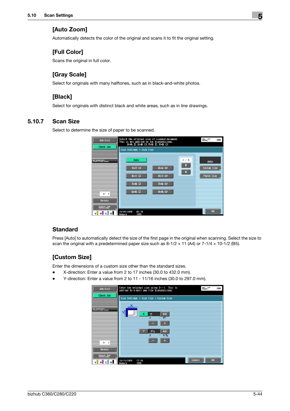 Auto zoom, Full color, Gray scale | Black, 7 scan size, Standard, Custom size, Scan size -44 standard -44 [custom size] -44, Scan size] (p. 5-44) | Konica Minolta BIZHUB C360 User Manual | Page 95 / 299